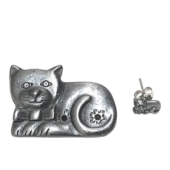 Vintage Silver Pewter Cat Brooch With Kitten Stud Earring Estate 2" - Picture 3 of 4